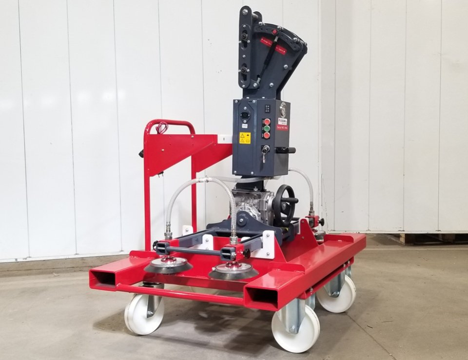 Palonnier a ventouses autonome basculant sur chariot de stockage SEREMA